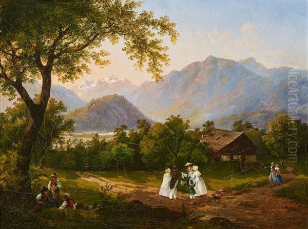 Promenaders At The Foothills Of The Alps Oil Painting by Joseph Altenkopf