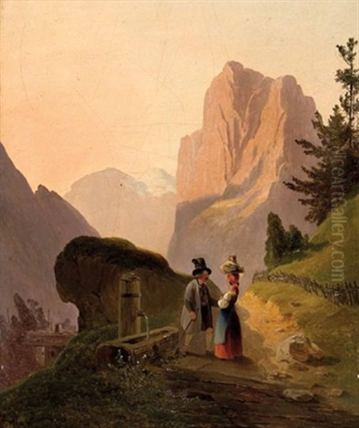 Begegnung Am Brunnen Auf Der Hochalm Oil Painting by Anton Altmann the Younger