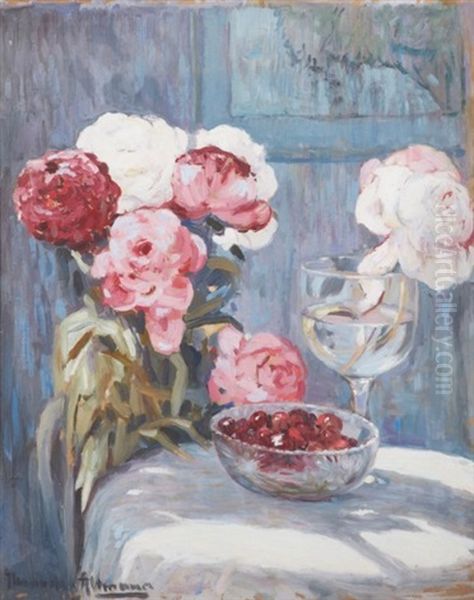 Bouquet De Roses Et Assiettes De Cerises Oil Painting by Alexandre Altmann