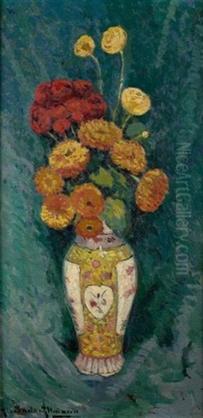 Bouquet De Dahlias Au Vase Chinois Oil Painting by Alexandre Altmann