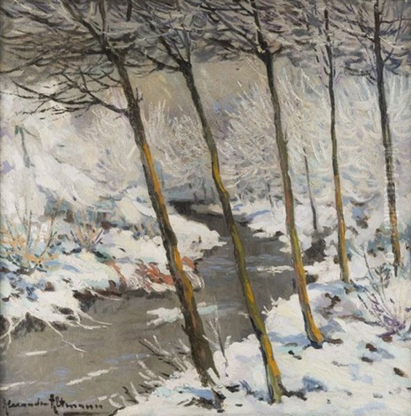 Riverside In The Winter Oil Painting by Alexandre Altmann