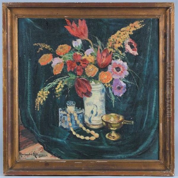 Nature Morte Au Bouquet De Fleurs Et Collier Oil Painting by Alexandre Altmann