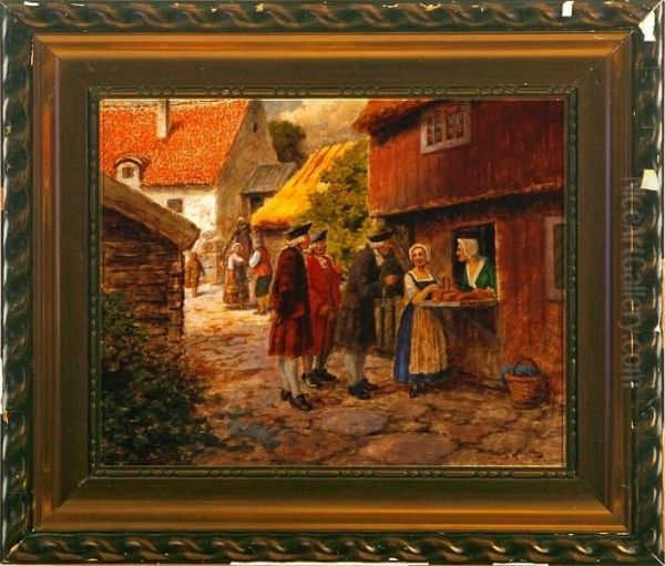 A Conversation At The Bread Store. Signed Oil Painting by Emil Aberg