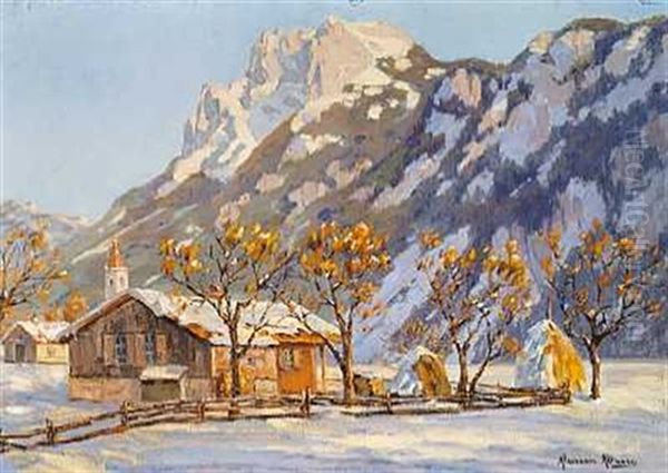 Winter Landscape With Houses And A Small Church Sheltered By Mountains Oil Painting by Alexandre Altmann