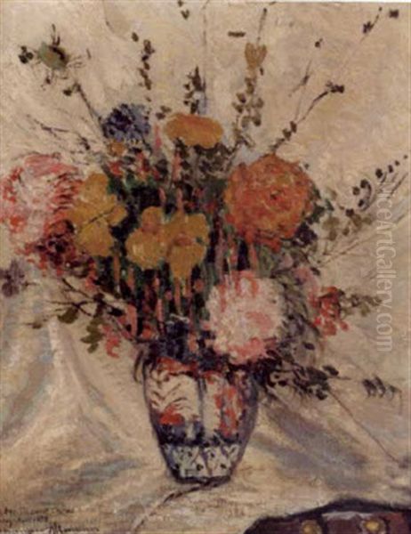 Flowers Against A White Drape Oil Painting by Alexandre Altmann