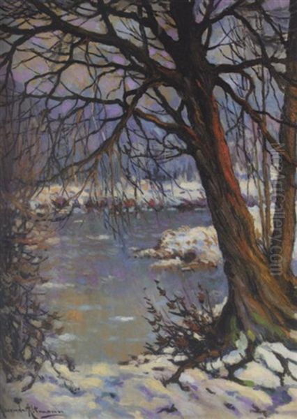 Tree By The Lake In Winter Oil Painting by Alexandre Altmann