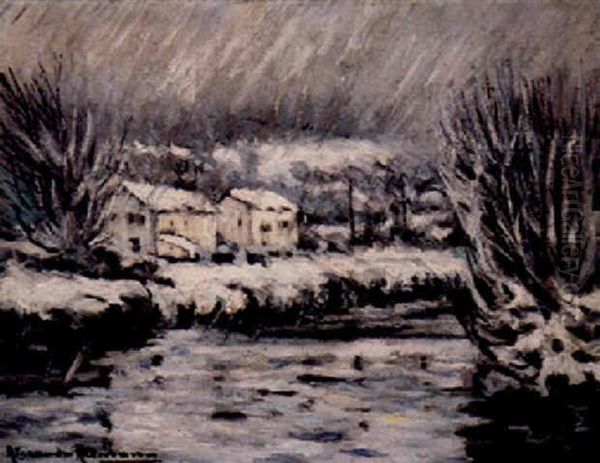 Bord De Riviere Sous La Neige Oil Painting by Alexandre Altmann