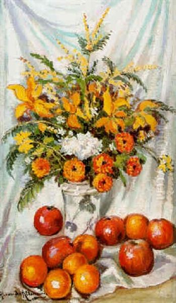 Flower Vase And Apples Oil Painting by Alexandre Altmann