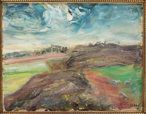 Landskap Med Betande Far Oil Painting by Martin Aberg