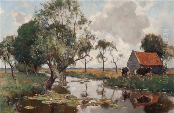 Cows In A Summer Landscape Oil Painting by Gerard Altmann