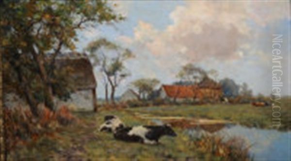 A Farm Landscape With Cows Oil Painting by Gerard Altmann