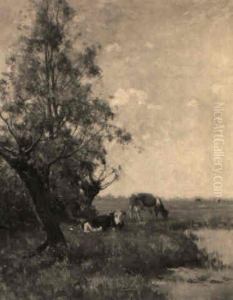 Cows On A Riverbank Oil Painting by Gerard Altmann