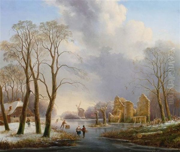 A Dutch Winter Landscape With Figures On A Frozen River Oil Painting by Hendrik Altmann