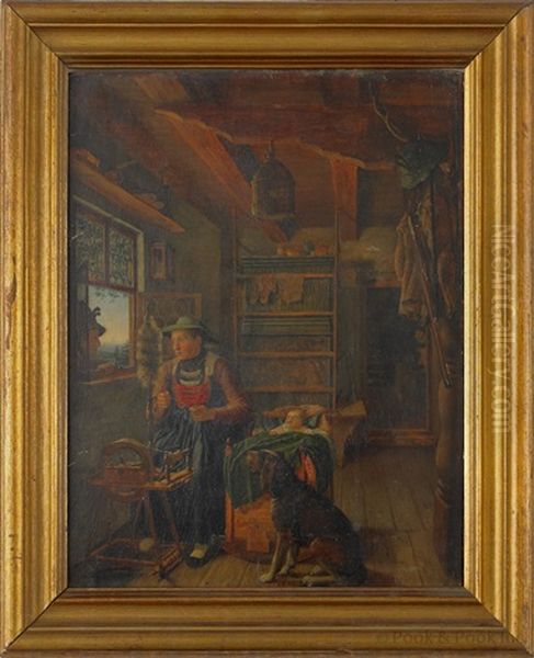 Interior With A Woman At Her Spinning Wheel Oil Painting by Karl Altmann