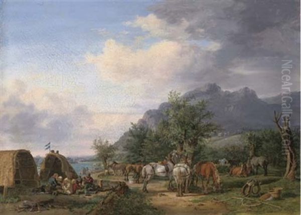 An Encampment By A River In A Mountainous Landscape Oil Painting by Karl Altmann