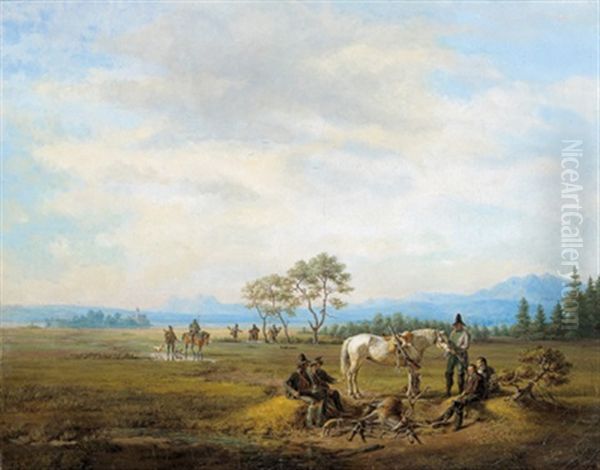 Rast Der Jagdgesellschaft - Blick Von Der Herreninsel Am Chiemsee Zur Fraueninsel Oil Painting by Karl Altmann