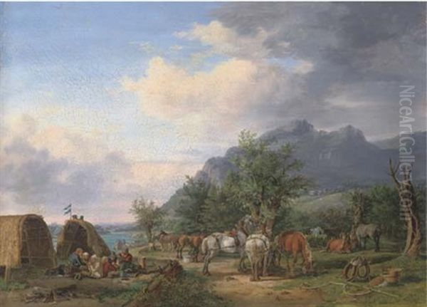 An Encampment By A River In A Mountainous Landscape Oil Painting by Karl Altmann