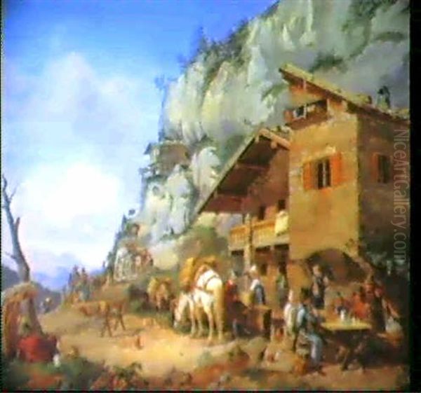 K.u.k.- Zollamt Auf Der Tiroler Passhohe, Davor Reisende    Mit Pferden Und Maultieren Bei Der Rast Oil Painting by Karl Altmann