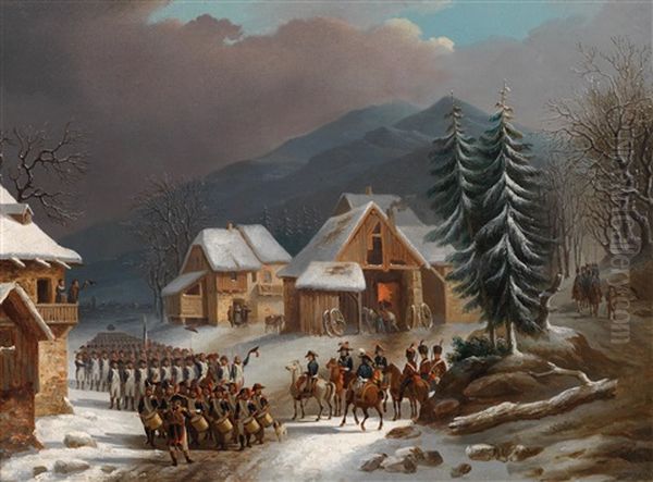 Franzosische Truppen In Einem Sudtiroler Dorf (januar 1797) Oil Painting by Jacob (Placidus) Altmutter