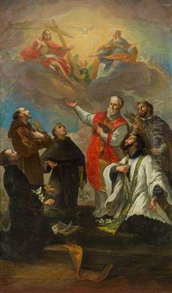 Anbetung Der Trinitat Durch Sechs Heilige (hl. Benedikt, Hl. Franziskus, Hl. Antoniusvon Padua, Hl. Ignatius Von Loyola, Hl. Franz Xaver, Hl. Nepomuk) Oil Painting by Martino Altomonte