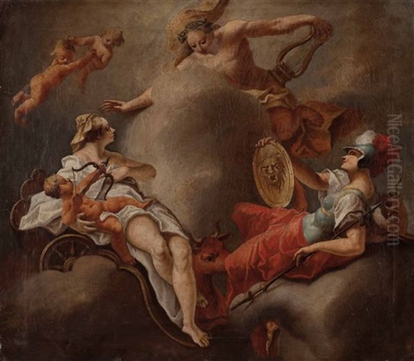 Apoll Erscheint Den Gottinnen Hera Mit Eros Und Athena by Martino Altomonte