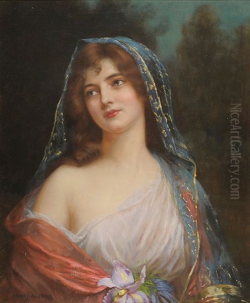 Iris (portrait Of A Girl Wearing A Cream Dress And Blue And Gold Embroidered Shawl) Oil Painting by Abbey Altson