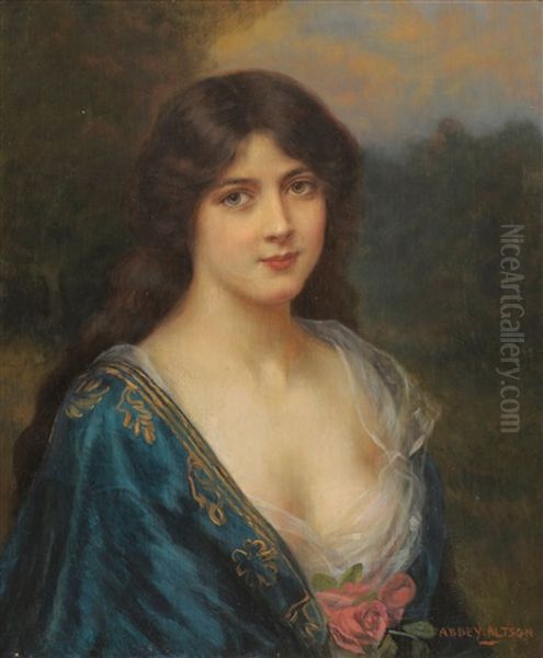 Portrait Of A Girl Wearing A Blue Dress Decorated With A Rose Oil Painting by Abbey Altson