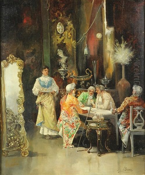 Parlor Scene With Figures Playing Cards Oil Painting by Luis Alvarez Catala