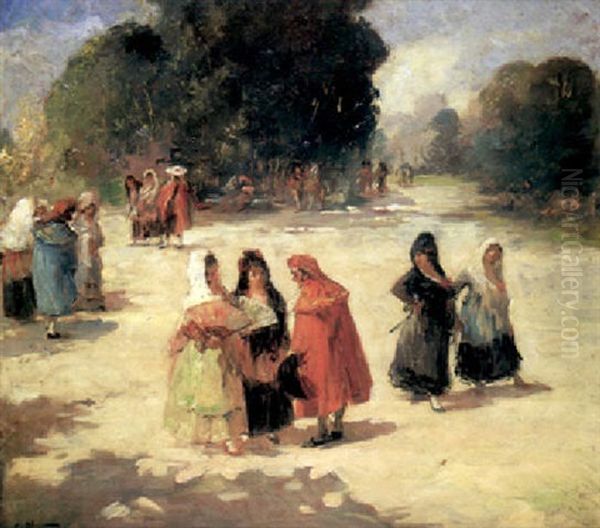 Damas Goescas En El Parque Oil Painting by Emilio Alvarez Diaz