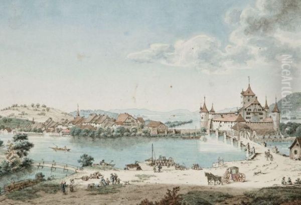 Vue De Nidau Et Du Lac De Bienne Oil Painting by Johann Ludwig Aberli