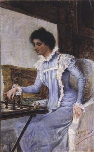 Dama Jugando Al Ajedrez Oil Painting by Cesar Alvarez Dumont