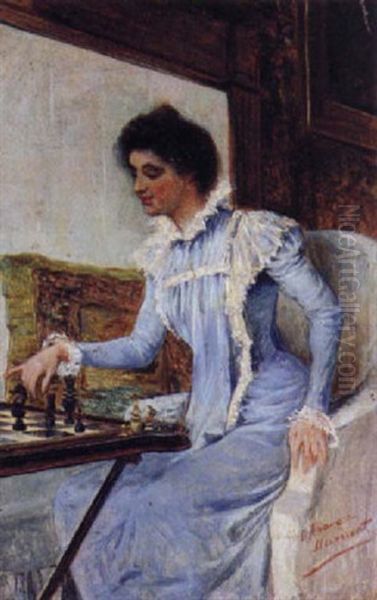 Dama Jugando Al Ajedrez Oil Painting by Cesar Alvarez Dumont