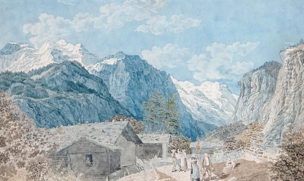 View Across The Interlaken Valley From Near Murren Towards The Jungfraujoch And The Eiger Oil Painting by Johann Ludwig Aberli