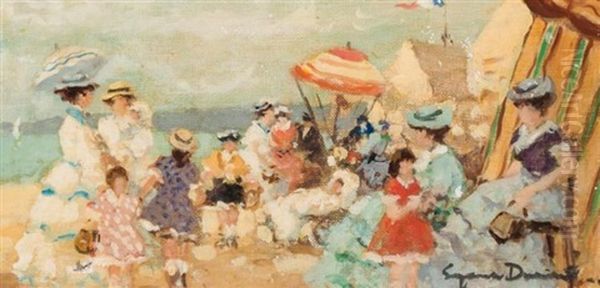 Ladies At The Beach Oil Painting by Eugenio Alvarez Dumont