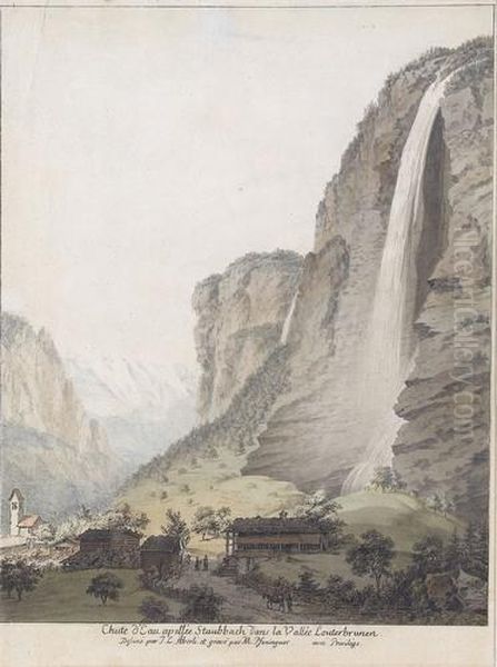 Chute D'eau Apellee Staubbach Dans La Vallee Louterbrunen Oil Painting by Johann Ludwig Aberli