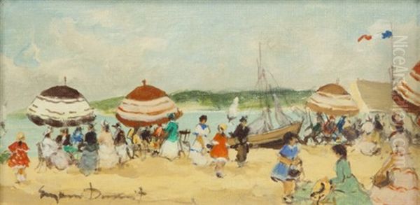 Untitled (beach Scene With Boat And Flag) Oil Painting by Eugenio Alvarez Dumont