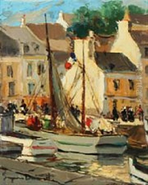 Summer Day In A South European Harbour Oil Painting by Eugenio Alvarez Dumont