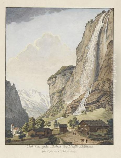 Chute D'eau Apellee Staubbach Dans La Vallee Oil Painting by Johann Ludwig Aberli