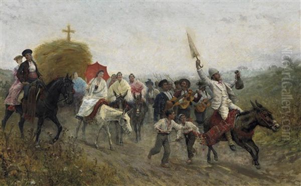 Erntedankzug. Spanische Gesellschaft Mit Musikanten Und Jungen Frauen Auf Ihren Eseln Oil Painting by Eugenio Alvarez Dumont