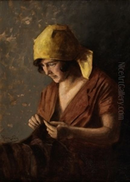 Mujer Cosiendo Oil Painting by Ventura Alvarez Sala