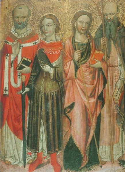 Four Male Saints (saints Julian Hospitaller And Anthony The Great?) Oil Painting by  Alvaro di Piero (Pedro)