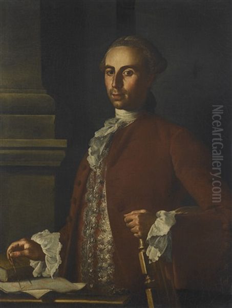 Portrait Of An Architect, Half-length, In A Red Coat And White Stock, Holding A Compass, Standing Before A Column Oil Painting by Carlo Amalfi