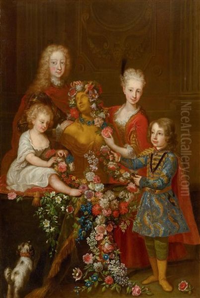 Portrait Of Four Children Of A Noble Family With A Bust Of Flora Oil Painting by Carlo Amalfi