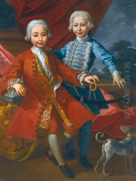 A Portrait Of Two Elegantly Dressed Boys In An Interior Playing With A Dog Oil Painting by Carlo Amalfi