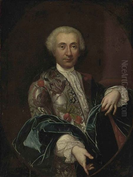 Portrait Of A Gentleman In A Grey Silk Jacket, Richly Embroidered With Flowers, Lace Collar And Cuffs, And A Blue Wrap Oil Painting by Carlo Amalfi