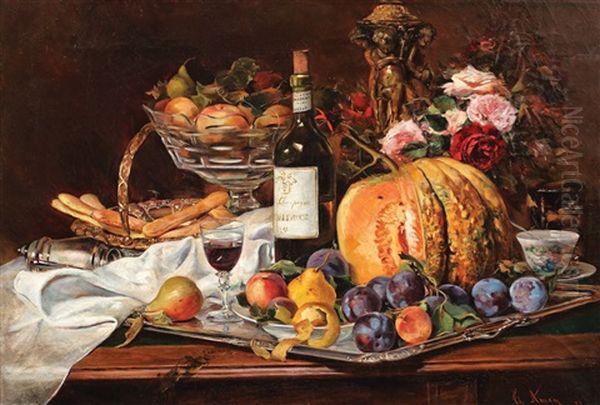 Dupa Petrecere (natura Statica Cu Fructe Si Vin Frantuzesc) Oil Painting by Theodor Aman