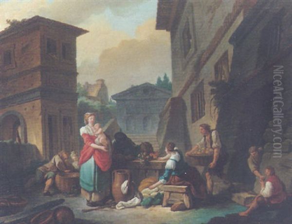 A Street Scene With Vegetable Sellers Oil Painting by Jacques Francois Amand