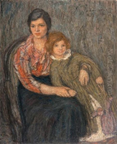 Madame Paul Simon Et Sa Fille Corinne Oil Painting by Edmond Francois Aman-Jean