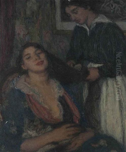 La Coiffure Oil Painting by Edmond Francois Aman-Jean