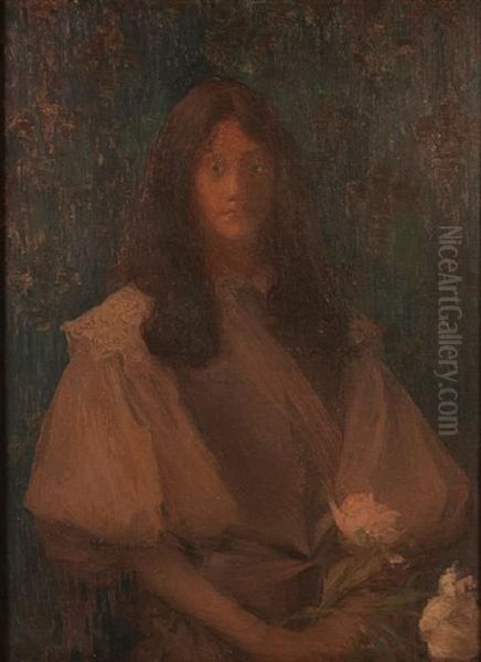 A Portrait Of A Lady Holding Flowers Oil Painting by Edmond Francois Aman-Jean